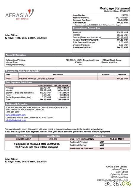 Modèle Word et PDF de relevé hypothécaire de Mauritius AfrAsia Bank Limited